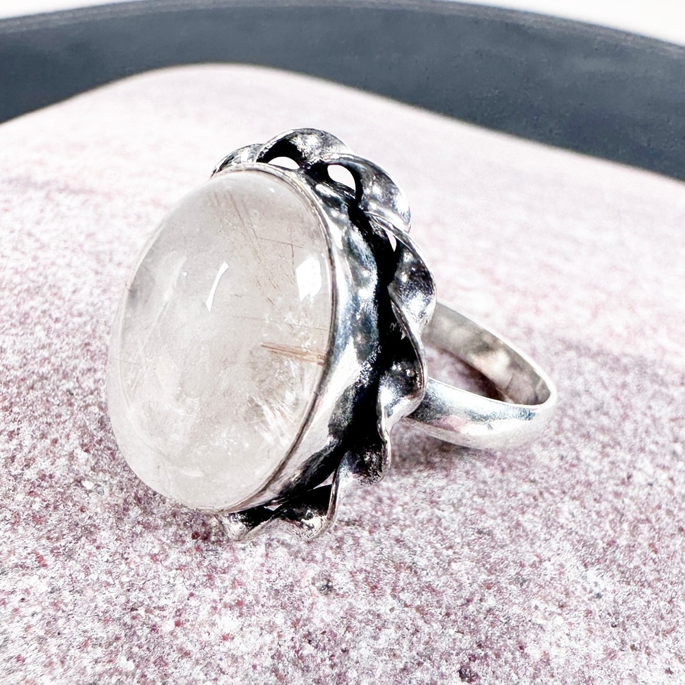 Sterling Silver Rutilated Quartz Ring Sz 6 Large Oval Cabochon 925 Statement